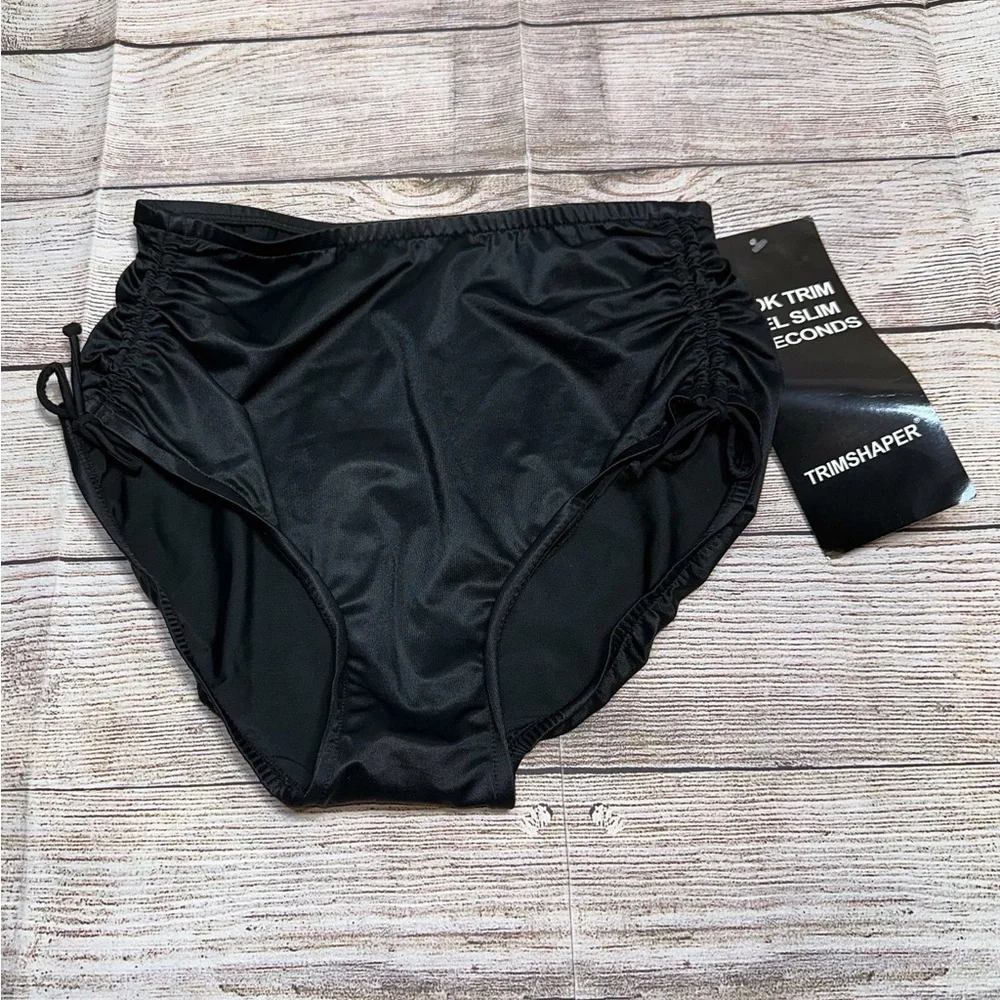 NWT TRIMSHAPER Black Scrunched Sides High Waist Tummy Control Bottoms Size 10